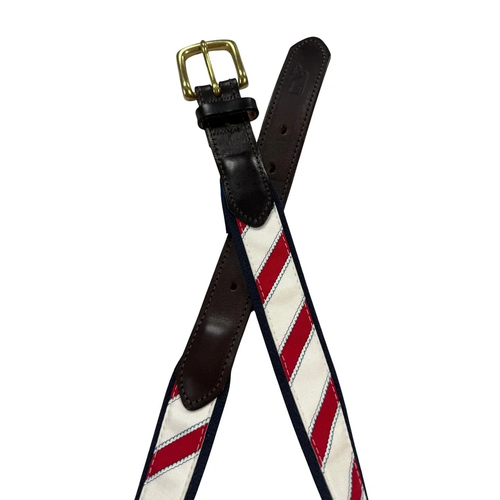 Vineyard Vines Canvas Belt Mens 34 Red White Holiday Stripe Leather